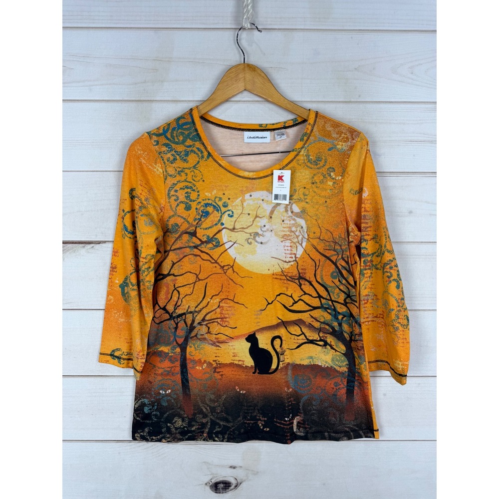 i.b.diffusion Womens Shirt S Halloween Tee Orange Black Cat Moon Rhinestone NEW